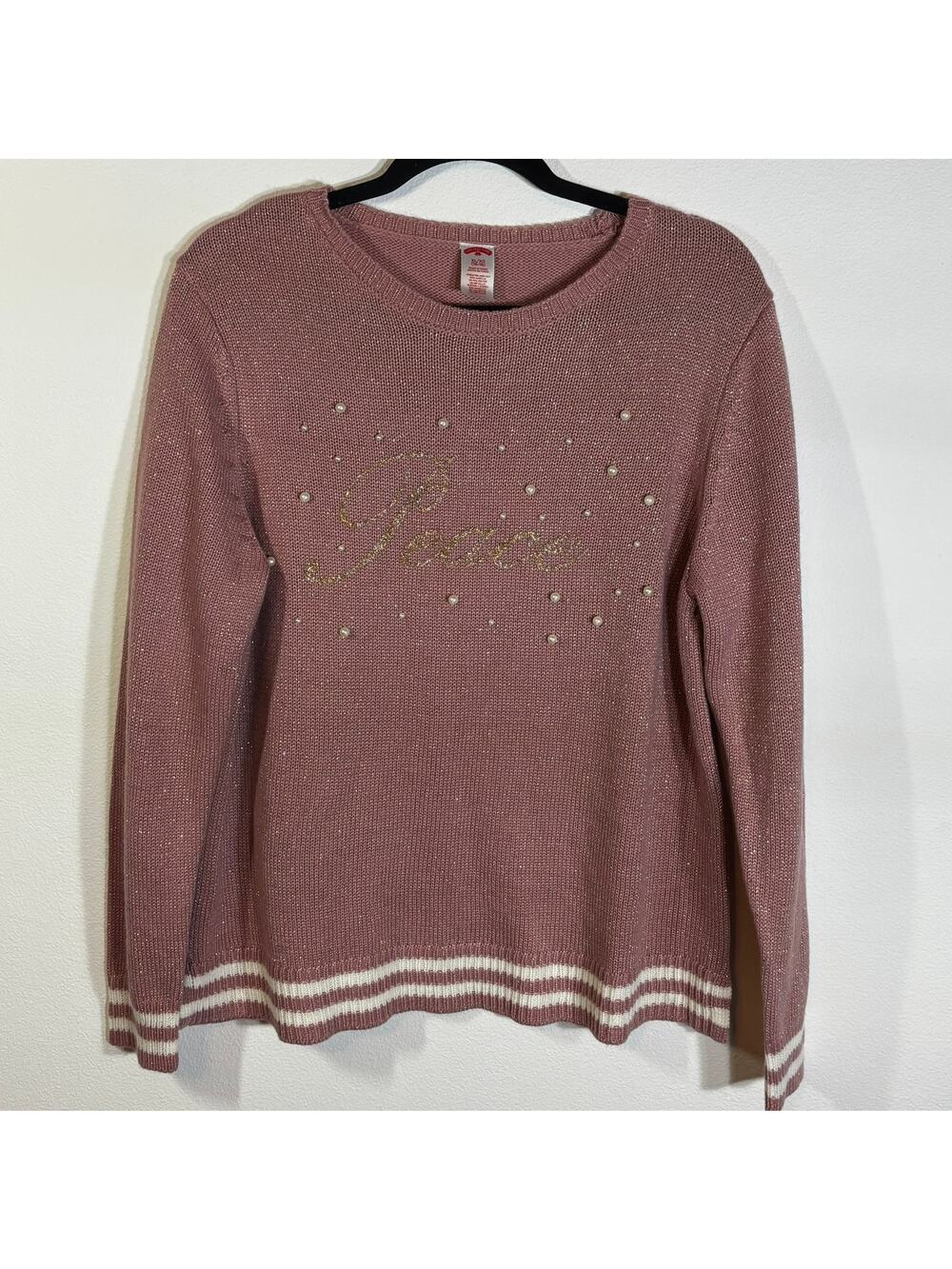 Holiday Time Peace Pink and Gold Christmas Sweater with Faux Pearls Size XL